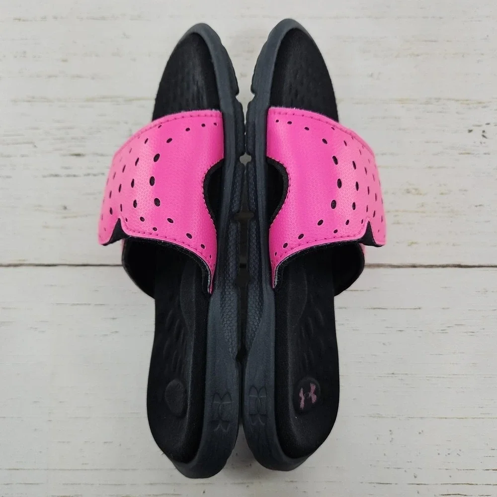 Under Armour Ignite Pro Slides Girls‎ 13K Black Pink Adjustable Strap 3026039